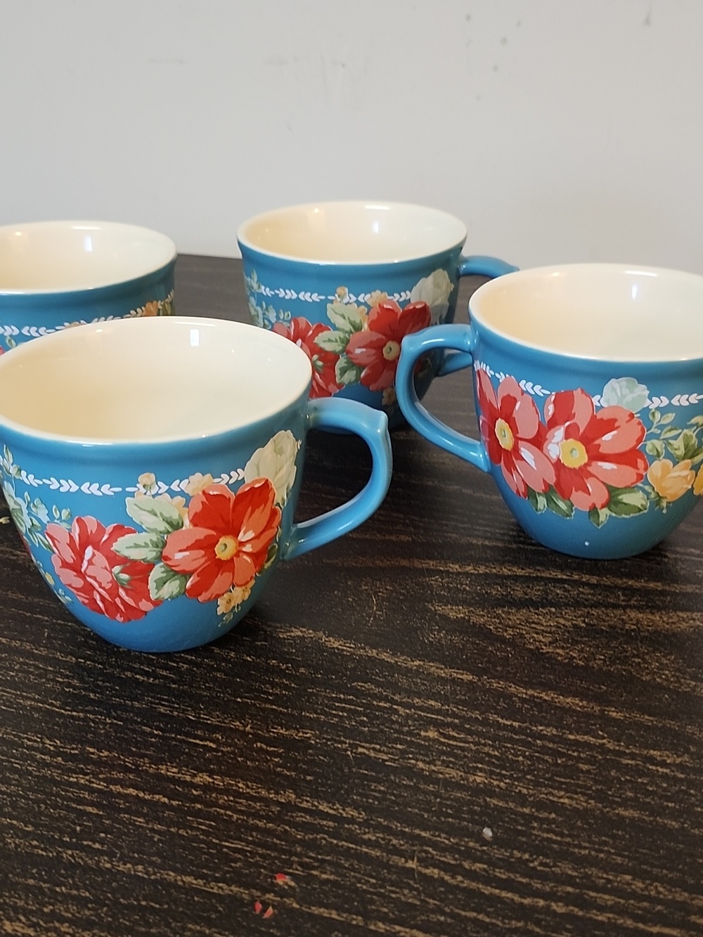 Set Of 4  Pioneer Woman Floral Stoneware Mug Teal Tea Latte Coffee Cup EUC